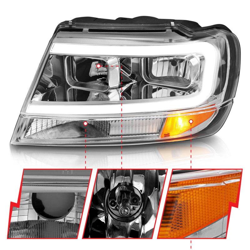 ANZO 111538 1904 fits Jeep 99-20 Grand Cherokee Crystal Headlights w/ Light Bar Chrome Housing