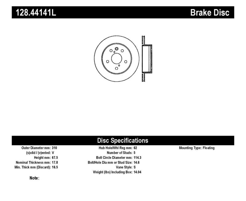 Stoptech 128.44141L 06-09 Lexus IS350 / 07-11 GS350 2WD Drilled Left Rear Rotor