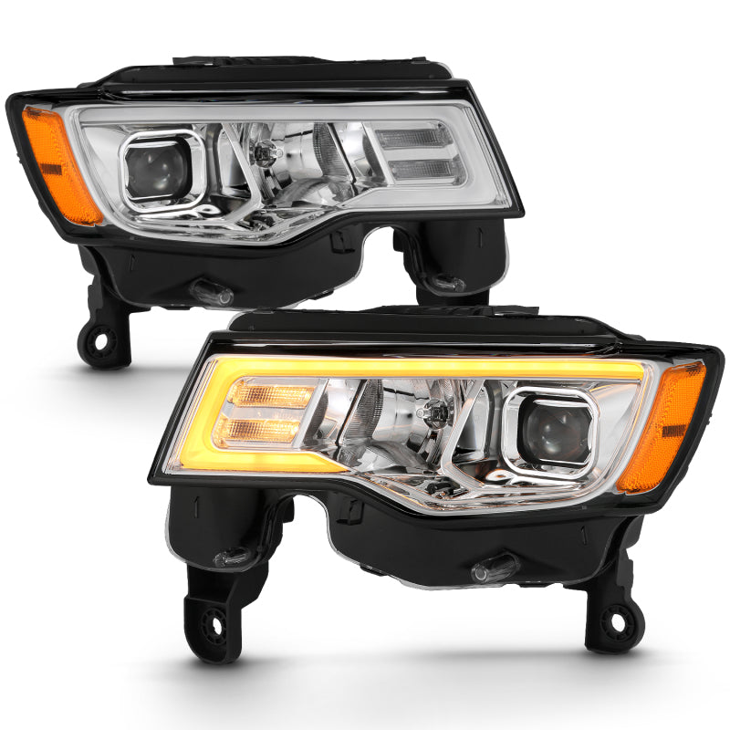 ANZO 111419 2018 fits Jeep 17-20 Grand Cherokee Projector Headlights w/ Plank Style Switchback - Chrome w/ Amber