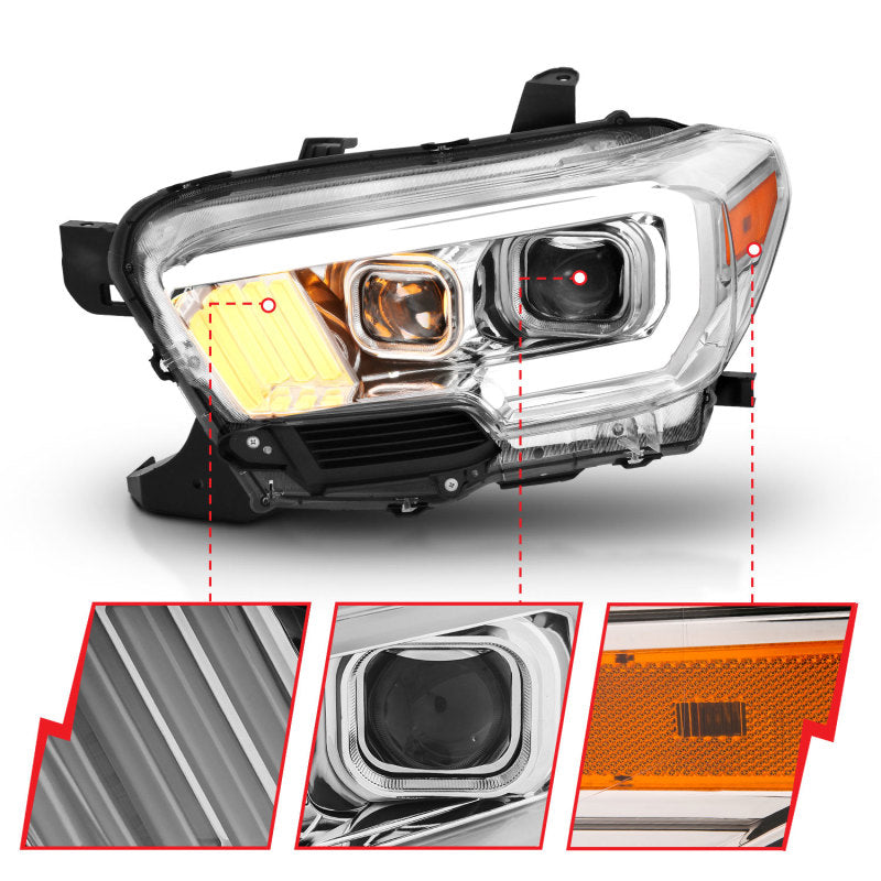 ANZO 111380 2017 fits Toyota 16-20 Tacoma Projector Headlights w/ Plank Style Design Chrome/Amber w/ DRL