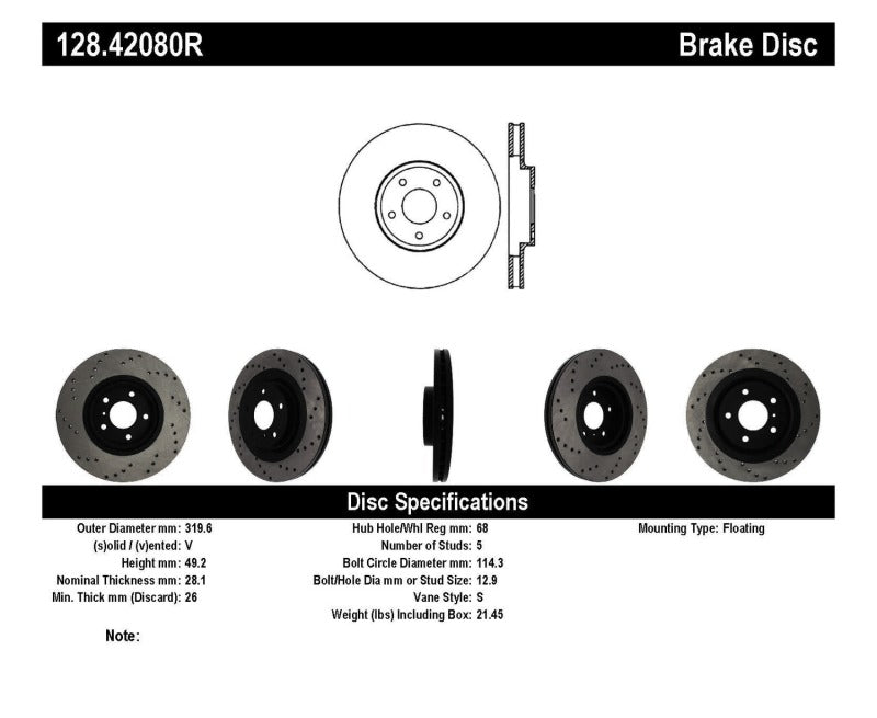 Stoptech 128.42080R fits Infiniti EX35/G35/G37/M35/M45 Drilled Right Front Rotor