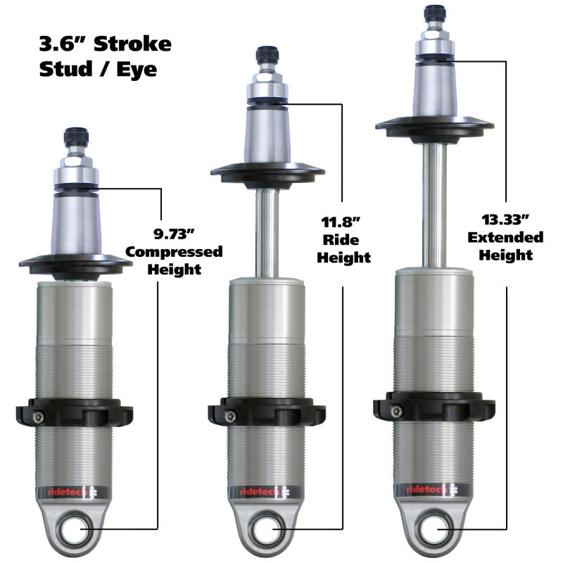 Ridetech 24139905 HQ Series CoilOver Shock 3.6in Travel 2.5in Coil Eye/Stud Mounting 9.425inx13.025in