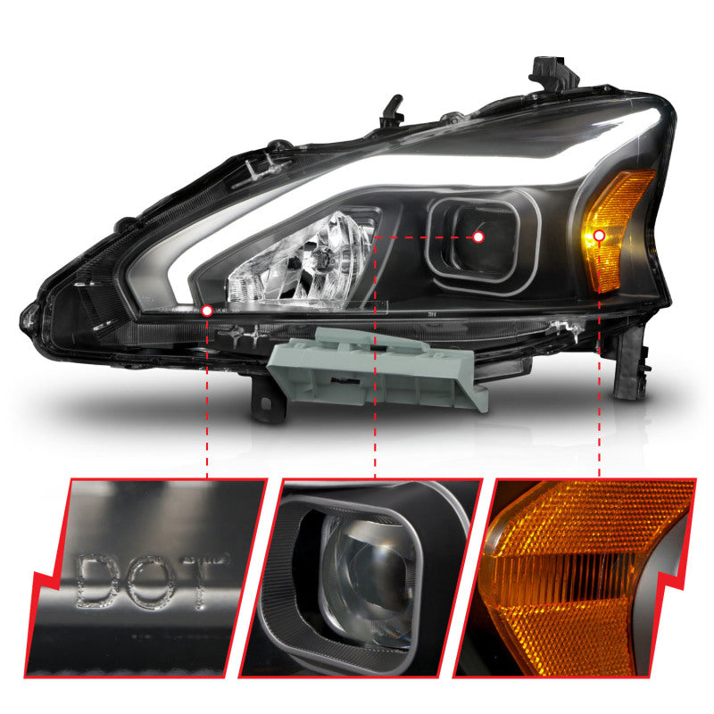 ANZO 121569 fits Nissan 13-15 Altima (w/o Factory HID Bulbs) Projector Headlights - w/ Light Bar Black Housing