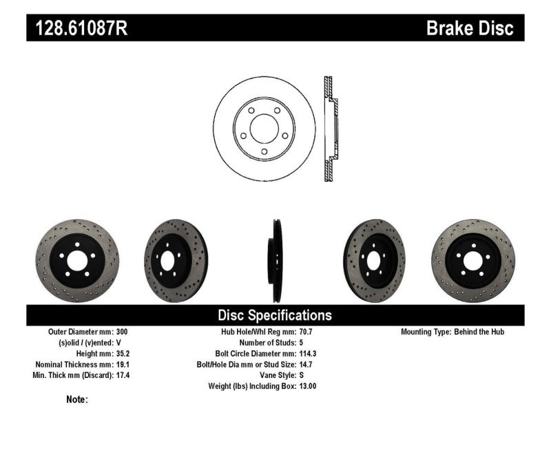Stoptech 128.61087R 05-10 fits Ford Mustang V6/4.0L / GT V8/4.6L Cross Drilled Right Rear Rotor