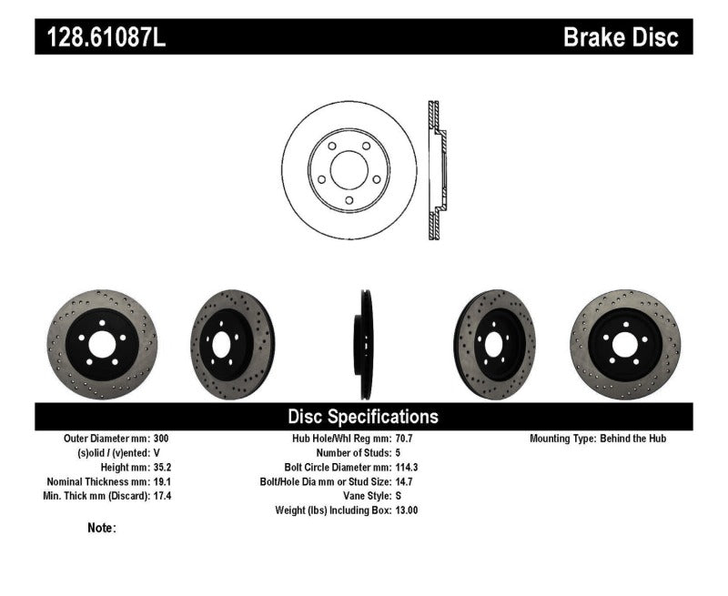 Stoptech 128.61087L 05-10 fits Ford Mustang V6/4.0L / GT V8/4.6L Cross Drilled Left Rear Rotor