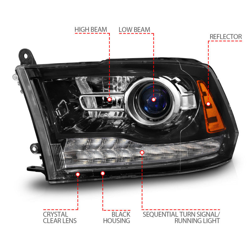 Anzo 111608 09-18 fits Dodge 1500-3500 LED Plank Style Headlights w/Switchback+Sequential Hyper Black (OE Style)