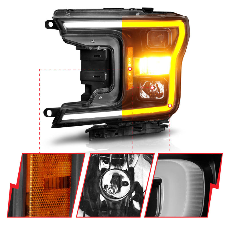 ANZO 111509 2020 fits Ford 18-20 F-150 Projector Headlight w/ Plank Style Switchback Black Housing