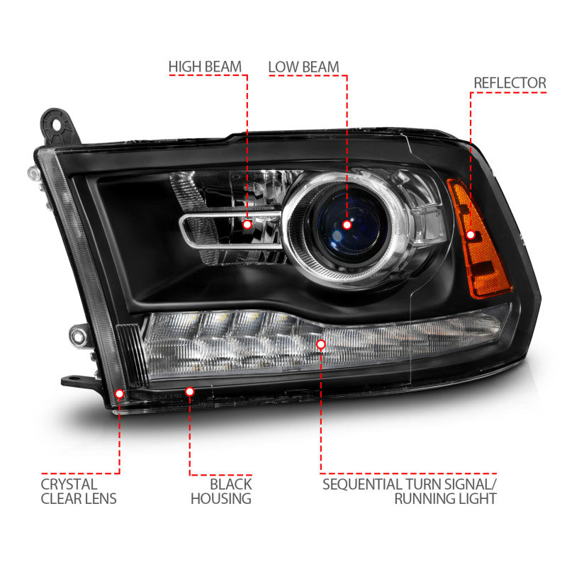 ANZO 111609 fits Dodge 09-18 Ram 1500/2500/3500 LED Plank Style Headlights Switchback + Sequential - Matte Black