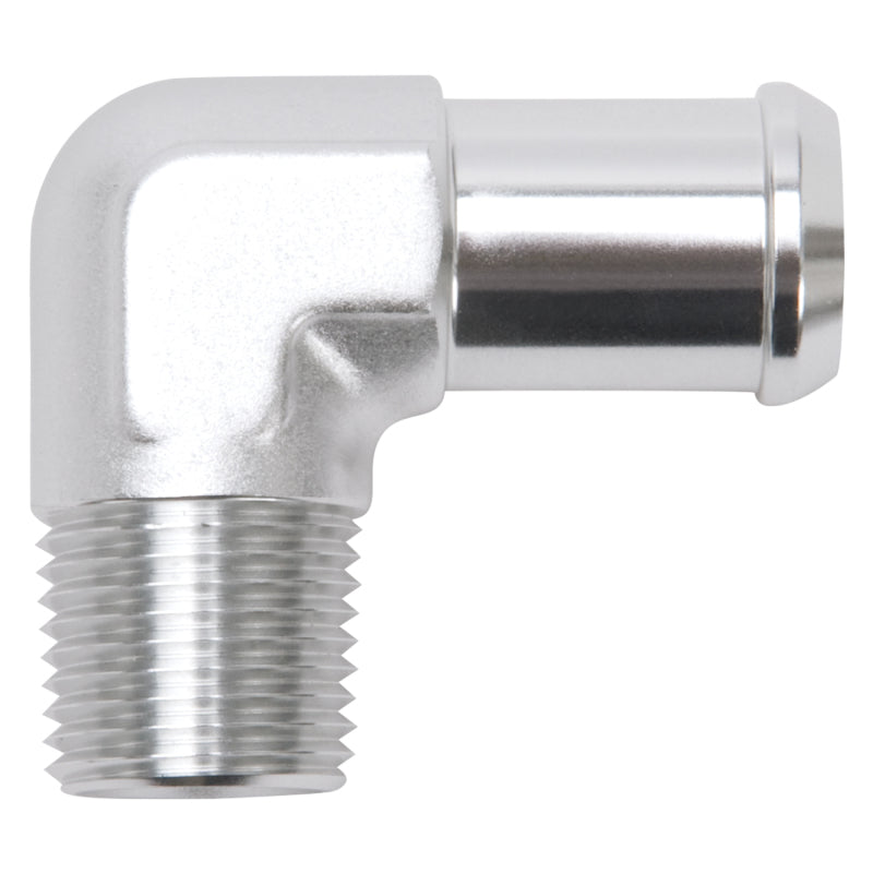 Edelbrock 8166 Hose End 90-Deg 1/2In NPT to 3/4In Barb Clear Anodize