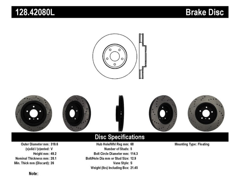 Stoptech 128.42080L fits Infiniti EX35/G35/G37/M35/M45 Drilled Left Front Rotor