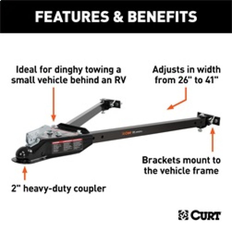 RockJock RJ-19745 Curt Tow Bar with Adjustable Width Arms Car Mount 2in Ball 5000lbs