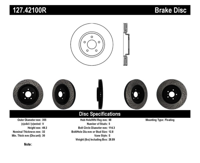 Stoptech 127.42100R fits Infiniti G37 / Nissan 370Z SportStop Slotted & Drilled Front Right Rotor
