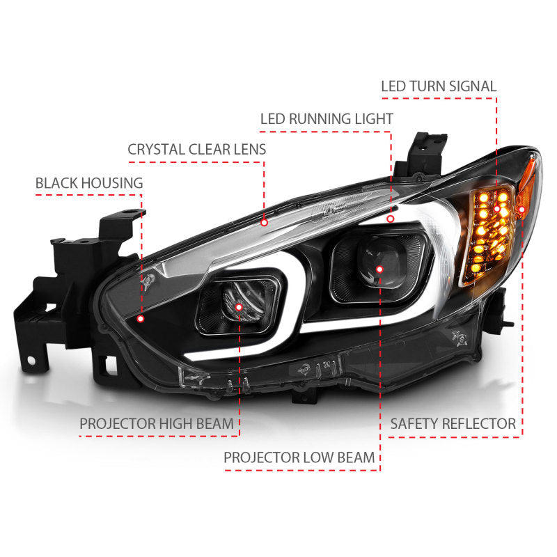 ANZO 121516 2015 fits Mazda 14-20 6 Projector Headlights w/ Plank Style Design Black