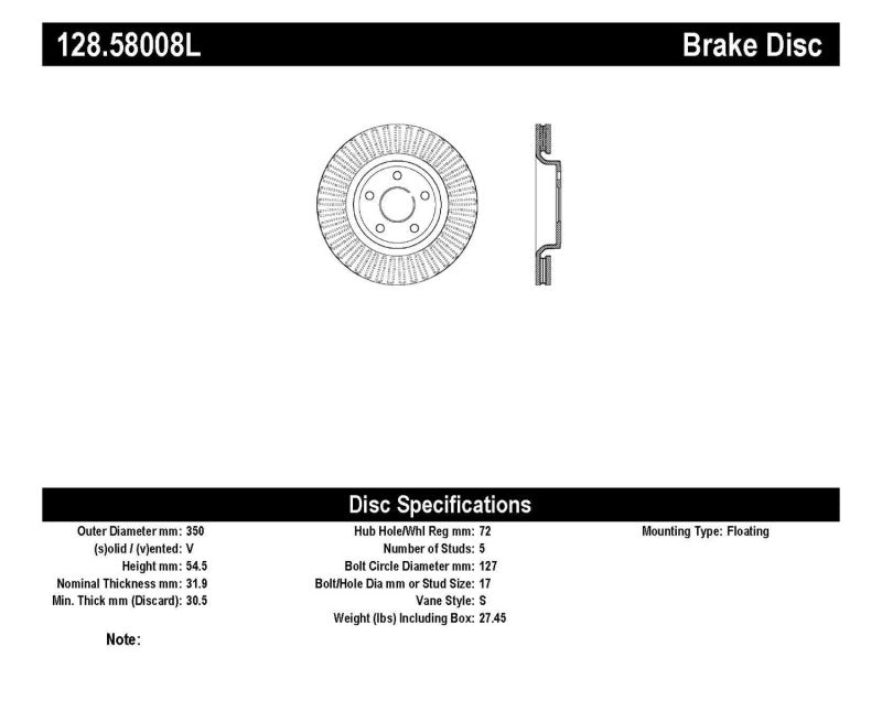 Stoptech 128.58008L Drilled Sport Brake Rotor 11-17 Jeep Grand Cherokee (Excluding SRT8)
