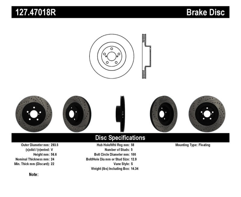 Stoptech 127.47018R 02-10 Subaru WRX Slotted & Drilled Right Front Rotor (exc. STi)