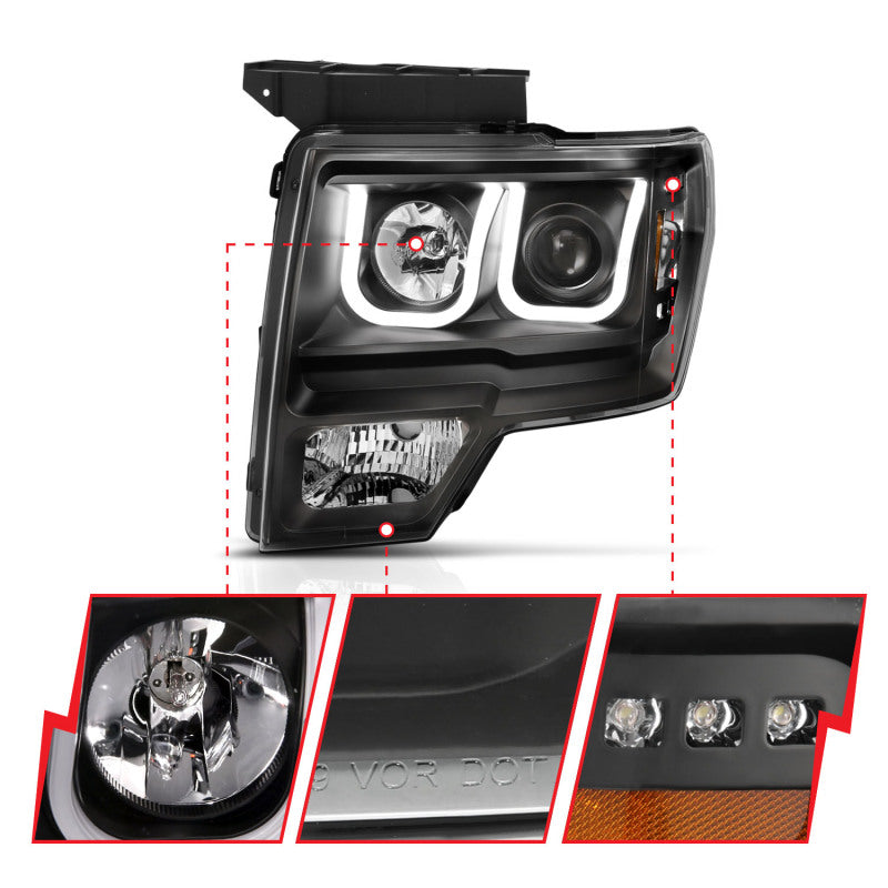 ANZO 111383 2014 fits Ford 09-20 F-150 Projector Headlights w/ U-Bar Switchback Black w/ Amber