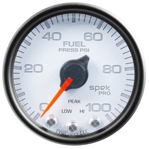AutoMeter P31412 Autometer Spek-Pro Gauge Fuel Press 2 1/16in 100psi Stepper Motor W/Peak & Warn Wht/Blk