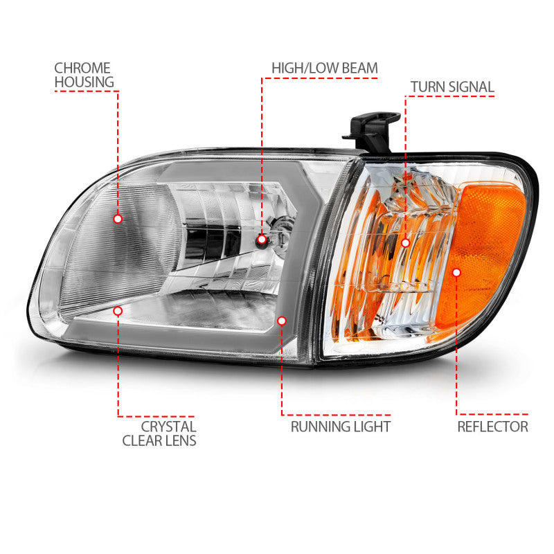 ANZO 111580 fits Toyota 00-04 Tundra (Reg/Acc Cab Only) Crystal Headlights w/Lgt Bar Chrome w/Corner Lights 2pc