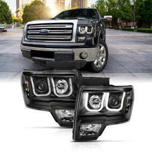 ANZO 111383 2009-2014 fits Ford F-150 Projector Headlights w/ U-Bar Switchback Black w/ Amber