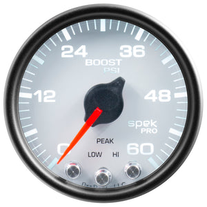 AutoMeter P30412 Autometer Spek-Pro Gauge Boost 2 1/16in 60psi Stepper Motor W/Peak & Warn Wht/Blk