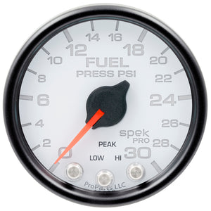 AutoMeter P31612 Autometer Spek-Pro Gauge Fuel Press 2 1/16in 30psi Stepper Motor W/Peak & Warn Wht/Blk