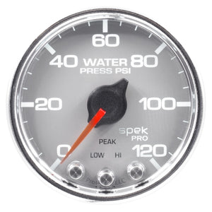 AutoMeter P34521 Autometer Spek-Pro Gauge Water Press 2 1/16in 120psi Stepper Motor W/Peak & Warn Slvr/Chrm
