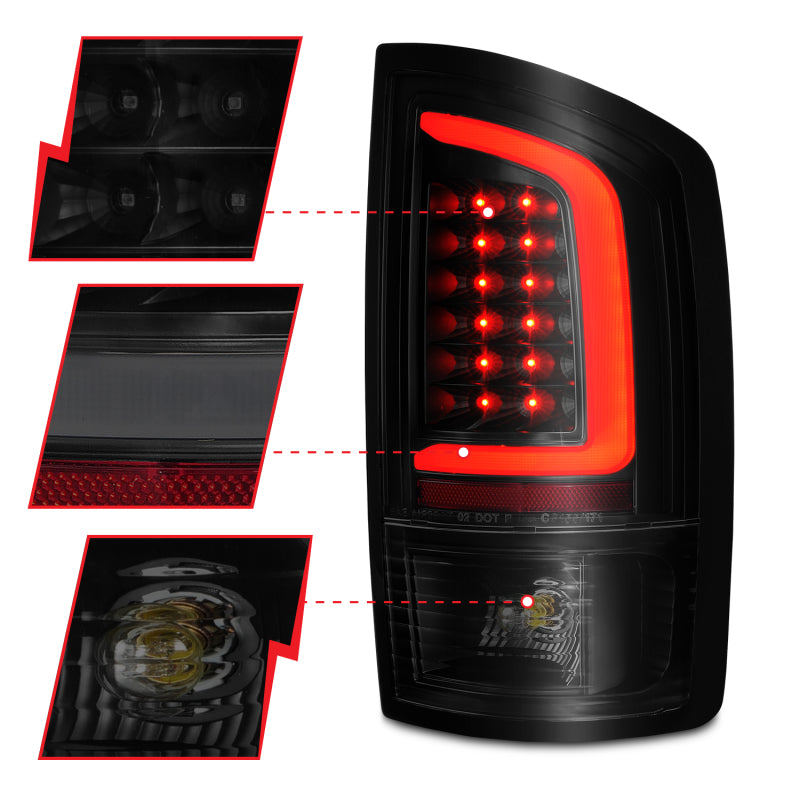 ANZO 311369 2006 fits Dodge 02-20 Ram 1500 LED Tail Lights w/ Light Bar Black Housing Smoke Lens