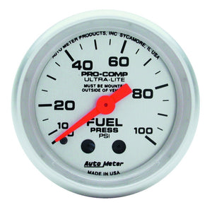 AutoMeter 4312 Autometer Ultra-Lite 52mm 0-100 PSI Mechanical Fuel Pressure Gauge
