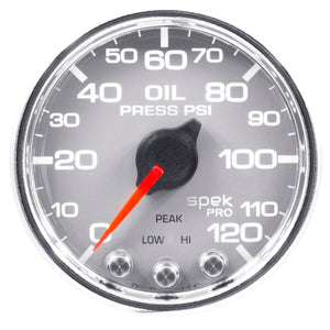 AutoMeter P32521 Autometer Spek-Pro Gauge Oil Press 2 1/16in 120psi Stepper Motor W/Peak & Warn Slvr/Chrm