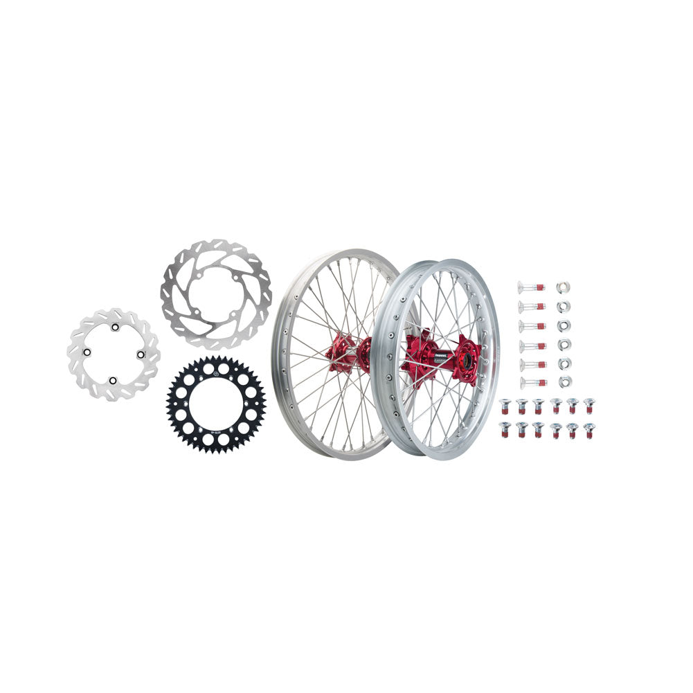 Tusk 1934950114 Impact Front/Rear Wheel Pkg 1.60x21/2.15x19 Silv Rim/Spk Red Hub
