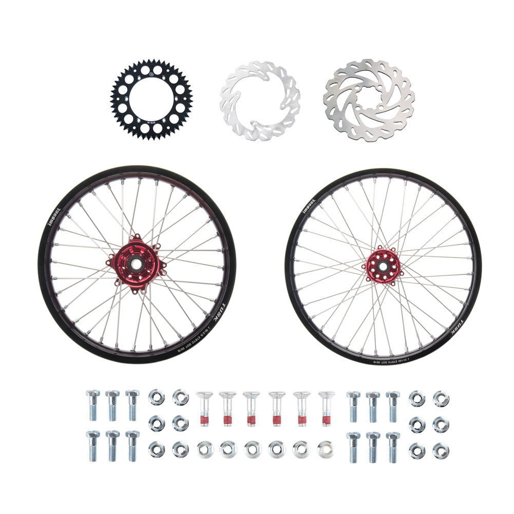 Tusk 1934950240 Impact Frt/Rr Wheel Pkg 1.60x21/2.15x18 Blk Rim/Slvr Spk Red Hub