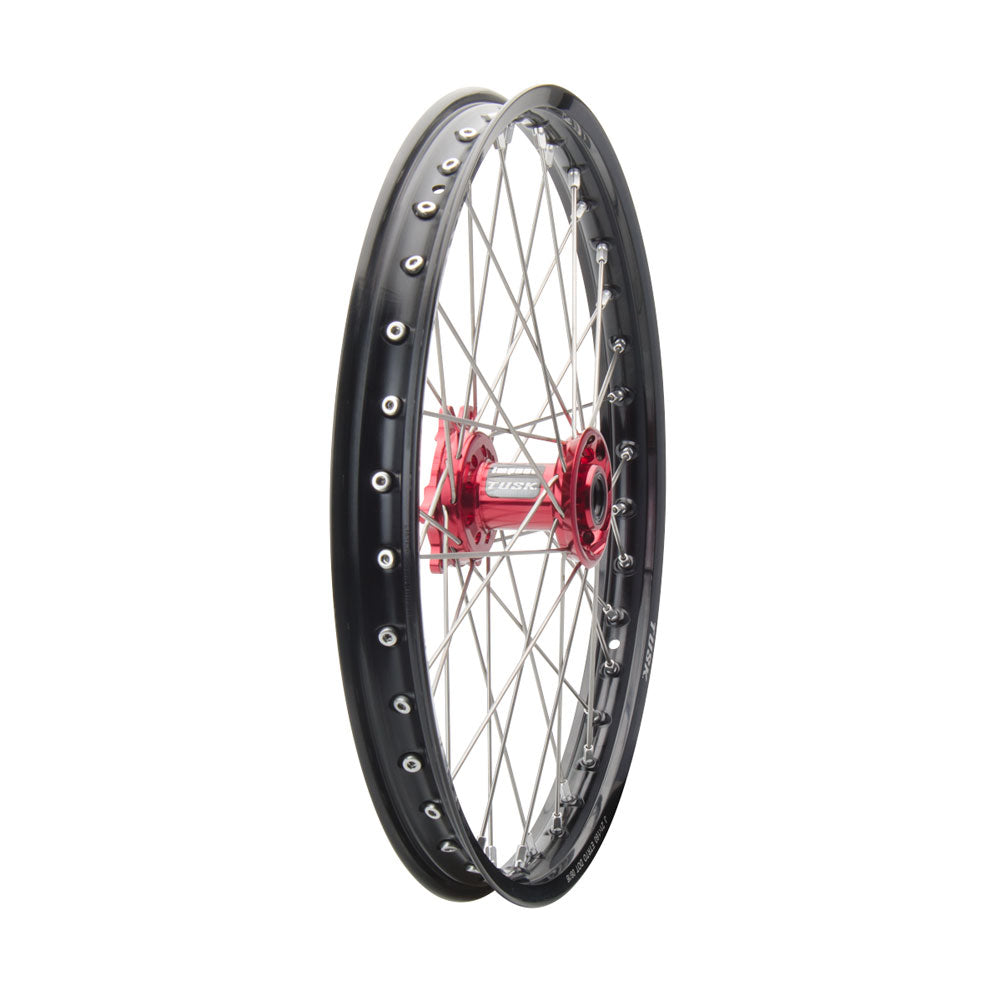 Tusk 1934950241 Impact Frt/Rr Wheel Pkg 1.60x21/2.15x18 Blk Rim/Slvr Spk Red Hub