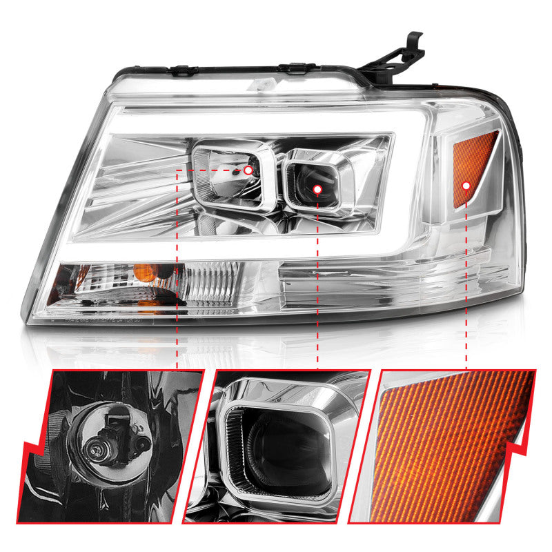 ANZO 111542 2008 fits Ford 04-20 F-150 Projector Headlights w/ Light Bar Chrome Housing