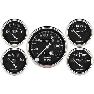 AutoMeter 1708 Auto Meter Gauge Kit 5 pc. 3 1/8in & 2 1/16in Mechanical Speedometer Old Tyme Black