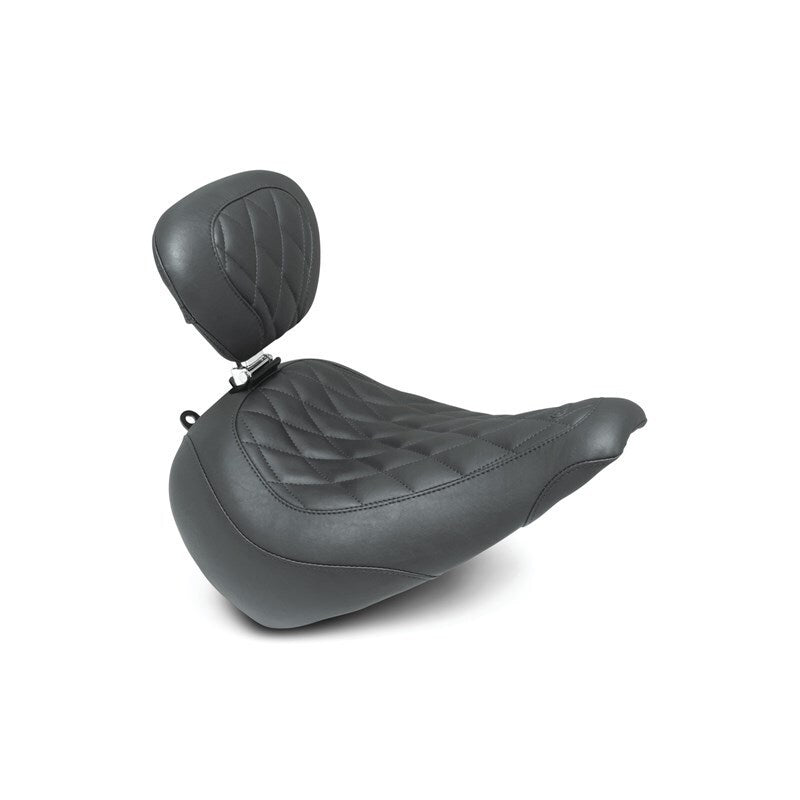 Mustang 83025 Harley Fat Boy Wide Tripper Solo Seat w/Driver Backrest Diamond Stitch - Black