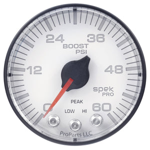 AutoMeter P304128 Autometer Spek-Pro Gauge Boost 2 1/16in 60psi Stepper Motor W/Peak & Warn Wht/Blk