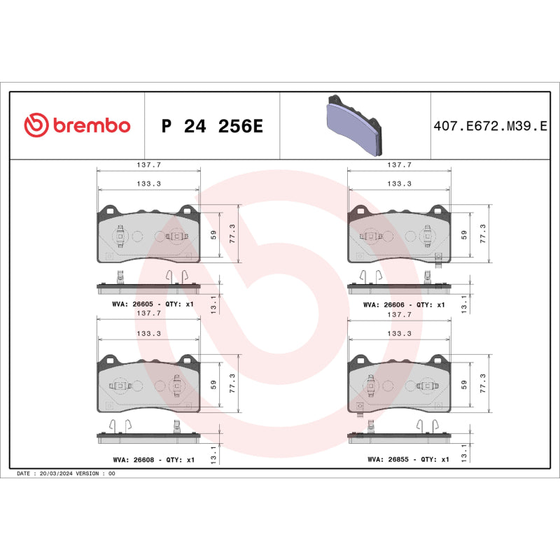 Brembo OE P24256E 21-22 fits Ford Mustang Mach-E EV Pad Brake Pad - Front