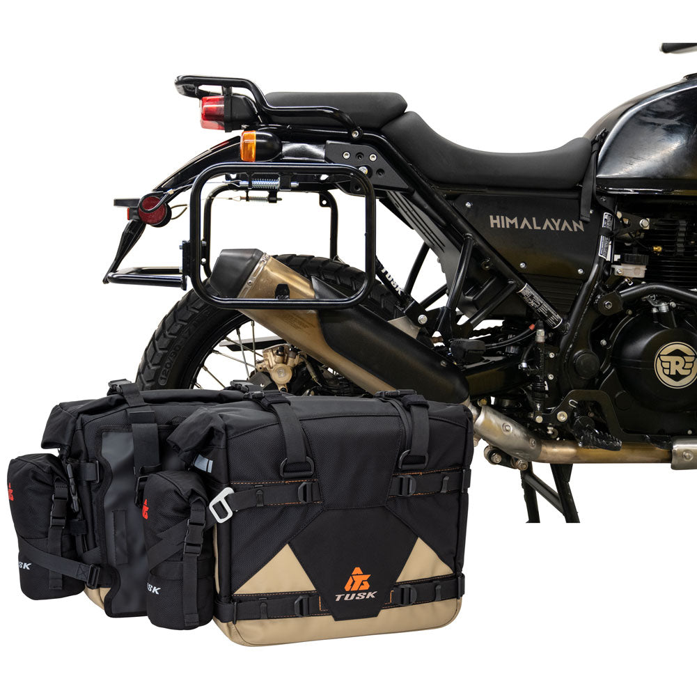Tusk 2032160047 Pannier Racks w/ Pilot Pannier Bags & Bottle Holders Blk/Tan