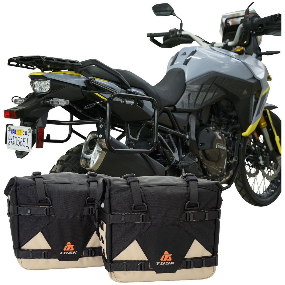 Tusk 2032160049 Pannier Racks w/ Pilot Pannier Bags & Bottle Holders Blk/Tan
