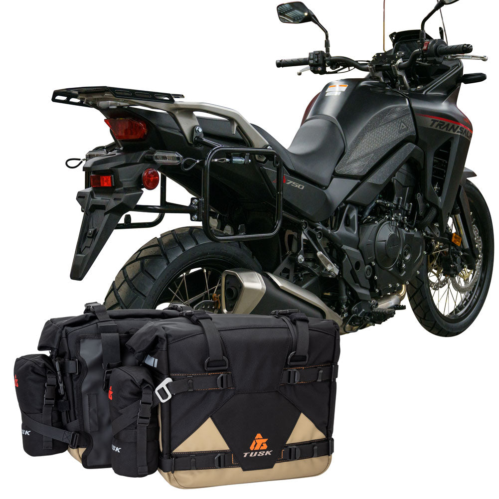 Tusk 2032160051 Pannier Racks w/ Pilot Pannier Bags & Bottle Holders Blk/Tan