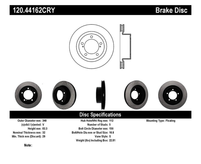 Stoptech 120.44162CRY 08-11/13-18 fits Toyota Land Cruiser Front Premium High Carbon Cryo Brake Rotor