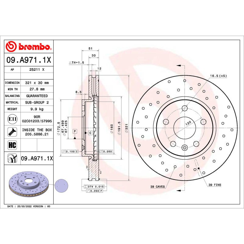 Brembo OE 09.A971.1X fits Chevrolet Camaro/Equinox/Impala Drilled Brake Disc-F