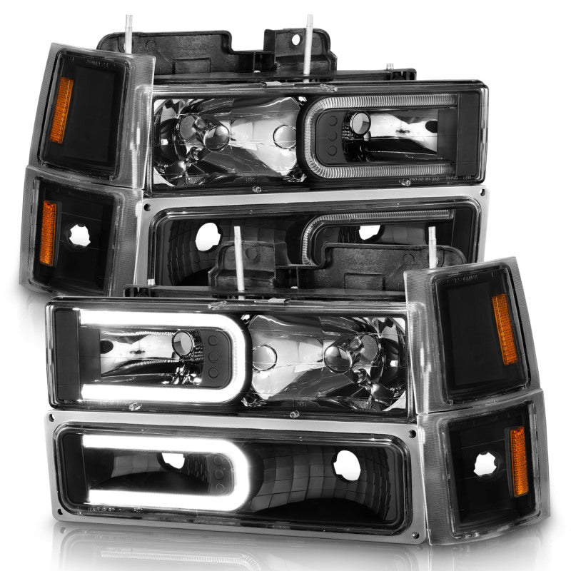 ANZO 111528 fits Chevrolet 88-98 C1500 Crystal Headlights w/ Light Bar Black Housing w/ Signal Side Markers 8Pcs