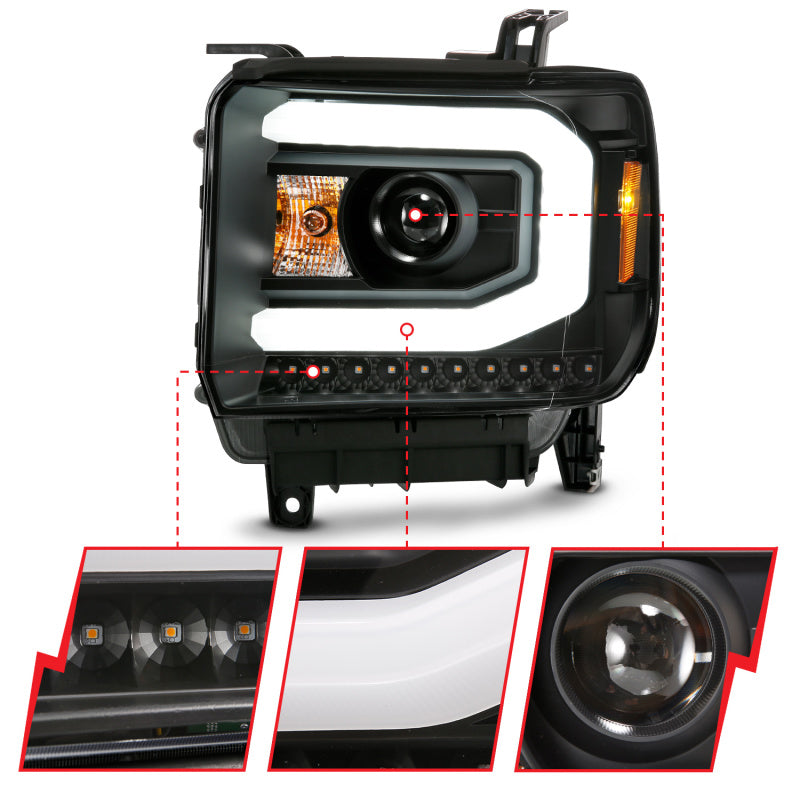 ANZO 111487 fits GMC 14-15 SIERRA 1500 2500H/15-19 Projector Headlight Plank Style Black w/ Switchback (Halogen)