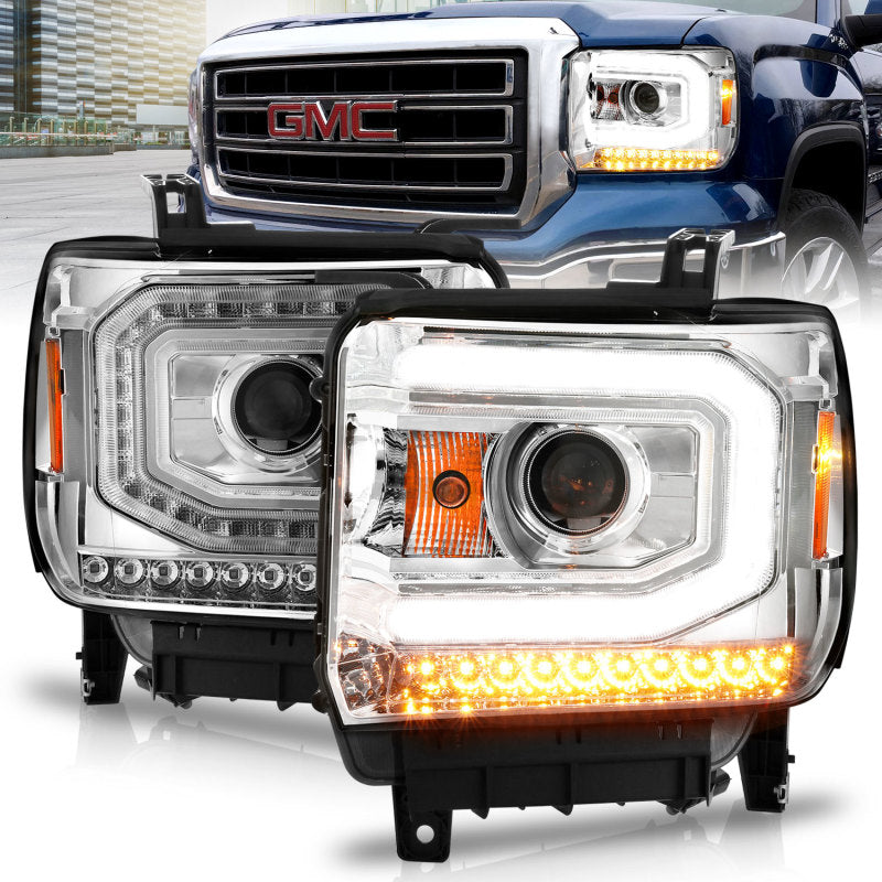 ANZO 111514 2015 Gmc Sierra 1500 Projector Headlights w/ Light Bar Chrome Housing (Halogen Type)