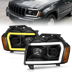 ANZO 111543 2005-2007 fits Jeep Grand Cherokee Projector Headlights w/ Light Bar Switchback Black Housing