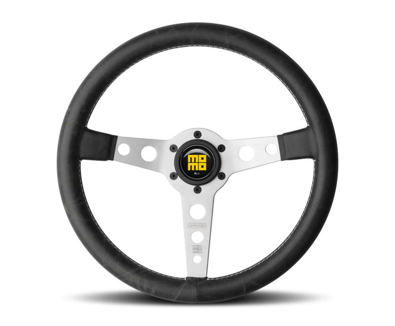 Momo PRH35BK0S Prototipo Steering Wheel 350 mm - Black Leather/White Stitch/Brshd Spokes