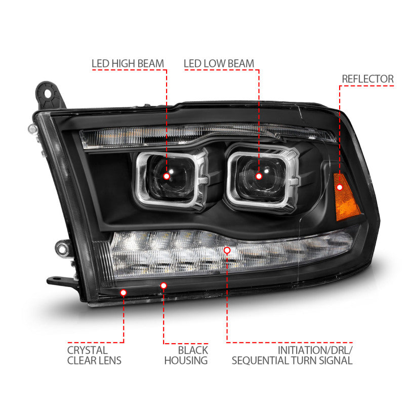 ANZO 111595 fits Dodge 09-18 Ram 1500/2500/3500 Full LED Proj Headlights w/Switchback Light Bar - Black