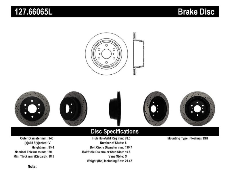 Stoptech 127.66065L 07-10 fits GMC Sierra (w/ Rear Drum) / 07-09 GMC Yukon Rear Left Slotted & Drilled Rotor