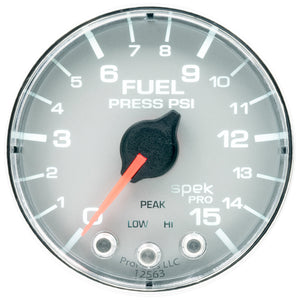 AutoMeter P315218 Autometer Spek-Pro Gauge Fuel Press 2 1/16in 15psi Stepper Motor W/Peak & Warn Slvr/Chrm